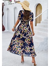 economico Abiti eleganti floreali-abito tubino da donna abito in chiffon prendisole floreale grafico elastico in vita stampa scollo a V spalle scoperte abito lungo abito lungo elegante tropicale festa appuntamento manica corta estate