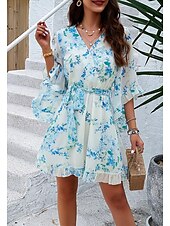 abordables Robes fleuries décontractées-robe décontractée pour femme robe fourreau robe d&#039;été rose imprimé 3D cravate devant imprimé col en V manches papillon mini robe bohème mignon rendez-vous vacances demi manches été printemps