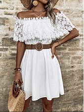 ieftine Rochii Albe din Dantela-Pentru femei Rochie Mini Rochie albă Rochie de mireasa din dantela alba Rochii Boho Chic Rochie Boho Boemia Dată Fit regulat Manșon scurt De Pe Umăr Alb Vară