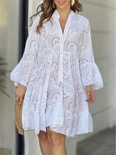 ieftine Rochii Albe din Dantela-Pentru femei Rochie Mini Rochie albă Rochie de dantela Rochie casual Rochie de vară Șic Stradă De Bază Stradă Dată Potrivire Largă Manșon Lung Gât despicat Alb Vară