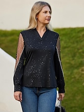 cheap Women&#039;s Plain Tops-Women&#039;s Shirt Blouse Fashion Mesh Patchwork Print Long Sleeve Regular Tops V Neck Casual Black Spring &amp;  Fall