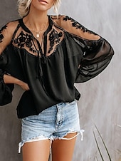 levne Dámské sexy topy-Košile Krajková košile Halenka Síťovaný patchworkový top Dámské Černá Bílá Pevná barva Šněrování Síťka ulice Denní Módní Do V S