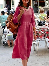 abordables Robes-Femmes Jaune Rose Claire Rouge Été Printemps Robe Midi Robes inspirées du lin Robe Décontractée Basique Moderne Quotidien Week-end Coupe régulière Uni Col en V