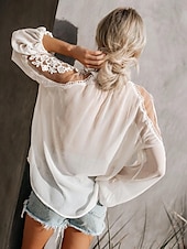 levne Dámské sexy topy-Košile Krajková košile Halenka Síťovaný patchworkový top Dámské Černá Bílá Pevná barva Šněrování Síťka ulice Denní Módní Do V S