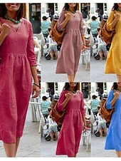 abordables Robes-Femmes Jaune Rose Claire Rouge Été Printemps Robe Midi Robes inspirées du lin Robe Décontractée Basique Moderne Quotidien Week-end Coupe régulière Uni Col en V