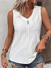 economico Top e canotte da donna-Top in canotta da donna senza maniche in pizzo occhiello scollatura a V estate casual bianco con dettagli a bottoni tessuto morbido abbigliamento quotidiano versatile taglie disponibili