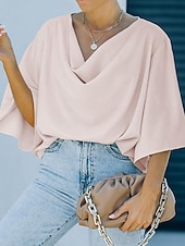 preiswerte Elegante Oberteile-Hemd Bluse Damen Schwarz Weiß Wein Feste Farbe Rüschen Strasse Täglich Modisch V Ausschnitt S
