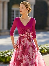 cheap Floor Length-Beach Wedding A-Line Mother of the Bride Dress Formal Wedding Guest Elegant V Neck Floor Length Chiffon 3/4 Length Sleeve with Flower Wedding Guest Dress 2025 free custom size