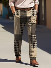 preiswerte Schlank-Hahnentritt-Business-Casual-Herren-Business-Anzughose mit 3D-Druck, flache Vorderseite, gerades Bein, entspannte Passform, Polyester-Hose mit mittlerer Taille, Outdoor-Streetwear für die Arbeit,