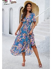 economico Abiti eleganti floreali-abito tubino da donna abito in chiffon prendisole floreale grafico elastico in vita stampa scollo a V spalle scoperte abito lungo abito lungo elegante tropicale festa appuntamento manica corta estate
