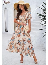 economico Abiti eleganti floreali-abito tubino da donna abito in chiffon prendisole floreale grafico elastico in vita stampa scollo a V spalle scoperte abito lungo abito lungo elegante tropicale festa appuntamento manica corta estate