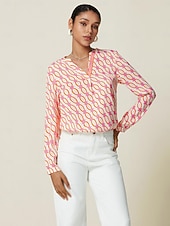 cheap Blouses &amp; Shirts-Satin Geometric Button Blouse