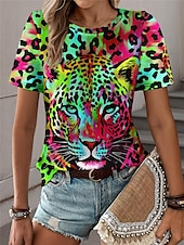 cheap Animals tee-Women&#039;s T Shirt Leopard Fashion Short Sleeve Crew Neck Regular Tops Daily Weekend Print Blue Purple Fuchsia Green Gray Summer