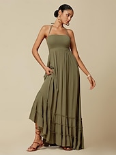 cheap Vacation Dresses-Women&#039;s Resort Maxi Dress Smocked Waist Blue Elegant Halter Neck Cami Maxi Dress Beach Cover Up