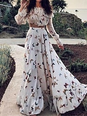 billiga Set med klänningar-Dam Klänning Set Vardagsklänning Boho Chic klänningar Långärmad Boho klänning Semester bohemliv Mode Volang Mönster Långklänning Maxiklänning Över axeln Långärmad Fjäril Lös passning Sommar Vår