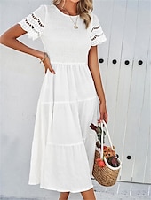 baratos Vestidos de renda branca-Mulheres Vestido branco Vestido midi Com Transparência Patchwork Encontro Férias Roupa de rua Básico Gola Redonda Manga Curta Preto Branco Marron Cor