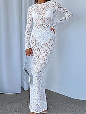 ieftine Bodycon Club Dresses-Pentru femei Rochie albă Rochie Lunga Rochie Maxi Dantelă Peteci Dată Vacanță Șic Stradă Maxi Rotund Manșon Lung Negru Alb Culoare