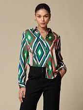 baratos camisas, tops e blusas-camisa casual com estampa geométrica de cetim