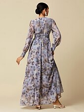 abordables Robes décontractées-femme robe longue invité de mariage bleu manches longues fleurs / plantes mousseline impression printemps &amp;amp;  Robe à motif col en V d&#039;automne, robe volante, robes corset s m l