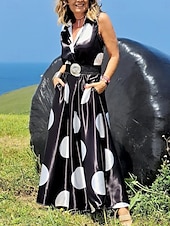 ieftine Rochii Business-Pentru femei Rochie Maxi lungă Rochii Tip Cămașă Rochie din satin Epocă Vacanță Fit regulat Buline Fără manșon Guler Cămașă Negru Alb Trifoi Vară Primăvară