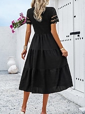 baratos Vestidos de renda branca-Mulheres Vestido branco Vestido midi Com Transparência Patchwork Encontro Férias Roupa de rua Básico Gola Redonda Manga Curta Preto Branco Marron Cor