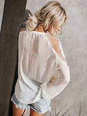 levne Dámské sexy topy-Košile Krajková košile Halenka Síťovaný patchworkový top Dámské Černá Bílá Pevná barva Šněrování Síťka ulice Denní Módní Do V S