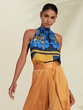 baratos camisas, tops e blusas-Mulheres Geométrico Flor / Plantas Férias Final de semana Sem Mangas Azul Franzido Amarre nas costas / na frente Sem Manga Blusas Amarrado No Pescoço Verão