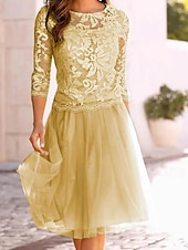 preiswerte Teelänge-Strandhochzeit A-Linie Kleid für die Mutter der Braut Hochzeitsgast Elegant Durchsichtig Juwelkragen Knielang Chiffon Spitze Tüll 3/4-Länge Ärmel mit Falten Applikationen kostenlose Maßanfertigung
