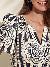 abordables robe décontractée imprimée-robe fleurie à manches bouffantes et col en V à rayures en coton