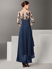 voordelige Vloerlengte-A-Lijn Moeder van de Bruid Jurk Formele Bruiloft Gast Elegante Hoog Laag Off Schouder Enkel Lengte Chiffon Kant Half Mouw met Plooien Applicaties gratis op maat