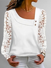 economico Bluse e camicie-Per donna Camicia Camicia in pizzo Blusa Occhiello in alto Liscio Elegante Di tendenza Essenziale Manica lunga A V Top regolari Informale Pizzo Bottoni Bianco Primavera Autunno