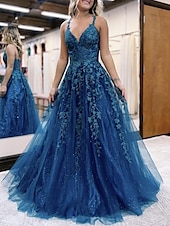levne Plesové šaty-Ball gown A-line šaty na ples třpytivé a lesklé formální svatební párty podlahové délky bez rukávů v krku tyl bez zad s glitrovými aplikacemi