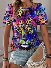 cheap Animals tee-Women&#039;s T Shirt Leopard Fashion Short Sleeve Crew Neck Regular Tops Daily Weekend Print Blue Purple Fuchsia Green Gray Summer