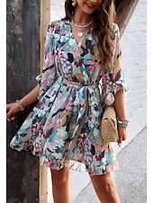 abordables Robes fleuries décontractées-robe décontractée pour femme robe fourreau robe d&#039;été rose imprimé 3D cravate devant imprimé col en V manches papillon mini robe bohème mignon rendez-vous vacances demi manches été printemps