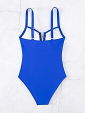 abordables Maillots de bain une pièce-Maillot de bain une pièce femme décolleté en V col clé ruché tankini maillot de bain bleu couleur unie extensible à séchage rapide été plage avec accents dorés contrôle du ventre maillot de bain