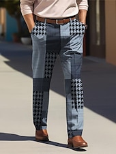 preiswerte Schlank-Hahnentritt-Business-Casual-Herren-Business-Anzughose mit 3D-Druck, flache Vorderseite, gerades Bein, entspannte Passform, Polyester-Hose mit mittlerer Taille, Outdoor-Streetwear für die Arbeit,