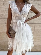 ieftine Rochii Party-Pentru femei Rochie de mireasa din dantela alba Rochii Boho Chic Rochie Boho pentru invitați de nuntă Rochie Mini Multistratificat cu Maneca Nuntă Dată Vacanță Linie A În V Fără manșon Negru Alb Roz