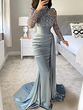 preiswerte BLAU-Meerjungfrau Abendkleid Pailletten Elegantes Kleid Formal Sweep  Brush Zug Lange Ärmel Hoher Hals Satin mit Perlen Maskeradenkleid 2025