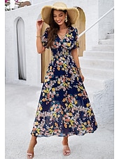 economico Abiti eleganti floreali-abito tubino da donna abito in chiffon prendisole floreale grafico elastico in vita stampa scollo a V spalle scoperte abito lungo abito lungo elegante tropicale festa appuntamento manica corta estate