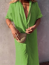 halpa design puuvilla- ja pellavamekot-Naisten Maksimekko Valkoinen mekko Puuvillaiset pellavamekot Paitamekko Rento mekko Perus Moderni Päivittäin Viikonloppu Loose Fit Tavallinen Puolihiha Paitapuserokaula-aukko Valkoinen Apila Kes