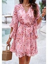 abordables Robes fleuries décontractées-robe décontractée pour femme robe fourreau robe d&#039;été rose imprimé 3D cravate devant imprimé col en V manches papillon mini robe bohème mignon rendez-vous vacances demi manches été printemps