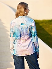 رخيصةأون بلوزات مزهرة-نسائي قميص بلوزة Buttons طباعة الرسم مجرد أنيق موضة يوميا كم طويل قبعة القميص قمصان عادية فضفاض أزرق خريف &amp; شتاء