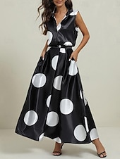 ieftine Rochii Business-Pentru femei Rochie Maxi lungă Rochii Tip Cămașă Rochie din satin Epocă Vacanță Fit regulat Buline Fără manșon Guler Cămașă Negru Alb Trifoi Vară Primăvară
