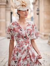 preiswerte Bodenlänge-A-Linie Brautmutter Kleid Formelles Hochzeitsgast Elegant Casual Hoch-Tief V-Ausschnitt Asymmetrisch Knöchellang Chiffon Kurzarm mit kaskadierenden Rüschen Hochzeitsgastkleid 2025 kostenlose