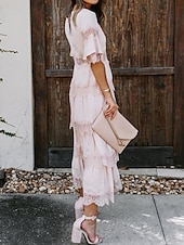 cheap White Lace Dresses-Women&#039;s White Dress Long Dress Maxi Dress Lace with Sleeve Wedding Date Vacation Elegant Bohemia V Neck Half Sleeve Black Pink Color