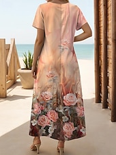 ieftine rochie florală-Rochie Maxi Femei Rochie Casual Rochie T-Shirt Rochie Tee Rochie Plajă Rochie Hawaiian Dată Regular Fit Floral Mâneci Scurte Gât Crew Portocalie Vară