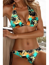 abordables Ensemble de bikinis-Maillots de Bain Bikinis 2 pièces Maillot de bain Femme Dos Nu Dos attaché Tropical Licou Robe t-shirt Dos nu Maillots de bain Sexy Hawaïen mode