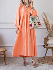 cheap Design Cotton &amp; Linen Dresses-Women&#039;s Pink Orange Rose Red Summer Spring Maxi Dress Linen-Inspired Dresses Casual Dress Basic Modern Daily Weekend Loose Fit Plain V Neck