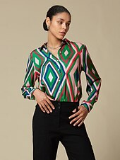 baratos camisas, tops e blusas-camisa casual com estampa geométrica de cetim