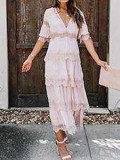 cheap White Lace Dresses-Women&#039;s White Dress Long Dress Maxi Dress Lace with Sleeve Wedding Date Vacation Elegant Bohemia V Neck Half Sleeve Black Pink Color